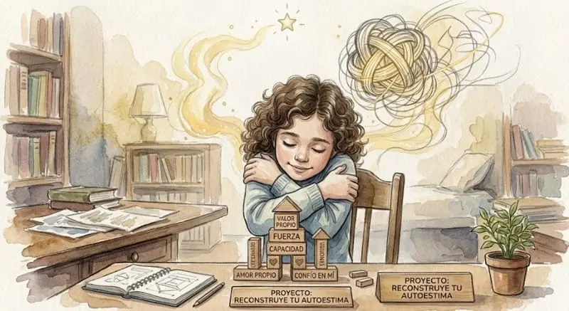 Ilustración de una persona construyendo con bloques en un ambiente cálido y luminoso.