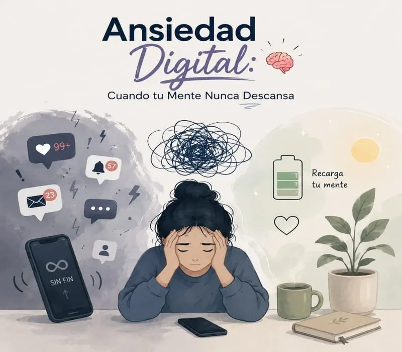 Ilustración de una persona entre notificaciones a un lado y un entorno en calma al otro, rotulada «Ansiedad Digital».
