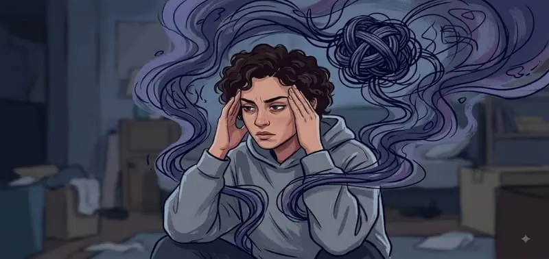 Ilustración de una persona sentada, rodeada de una maraña de trazos que representan la ansiedad.