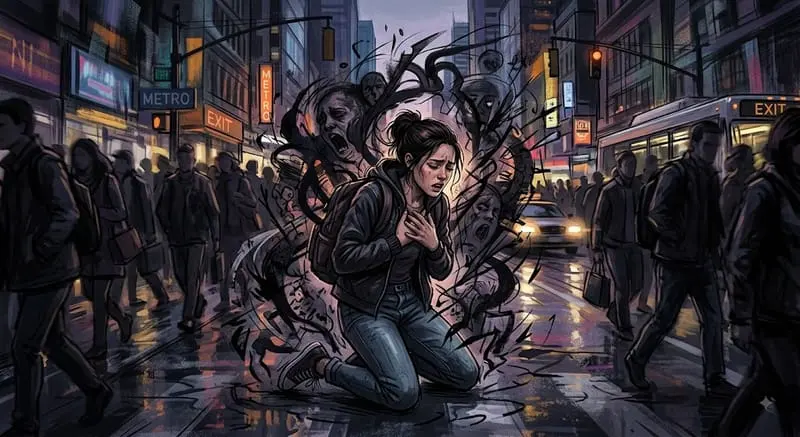 Ilustración de una persona en una calle nocturna rodeada de sombras que la acechan.
