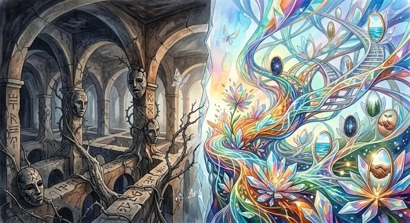 Ilustración de una galería de arcos que se abre desde la penumbra hacia un mural de colores.