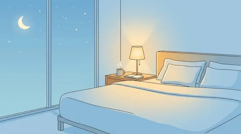 Ilustración de un dormitorio en calma de noche, con una lámpara encendida y la luna en la ventana.