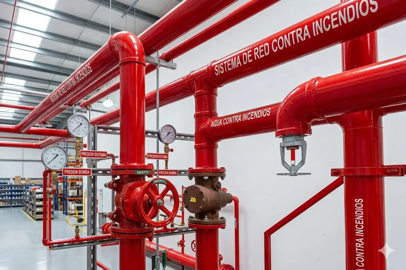 Red de tubería roja contra incendios con manómetros y válvulas en una nave industrial.
