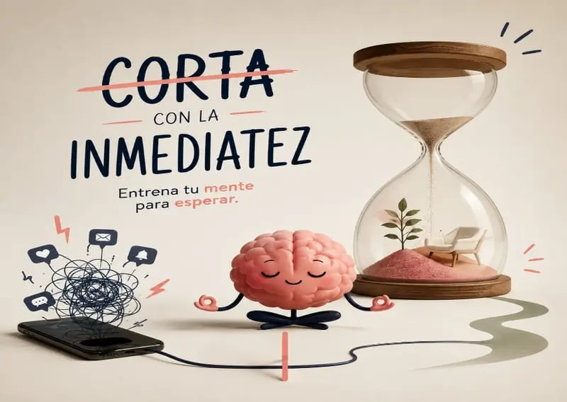 Ilustración de un reloj de arena junto a un cerebro que echa raíces, rotulada «Corta con la inmediatez».