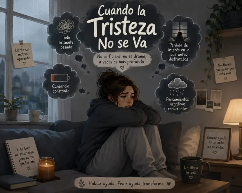 Ilustración de una persona abrazando sus rodillas sobre una cama, rotulada «Cuando la Tristeza No se Va».