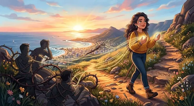 Ilustración de una persona caminando por un sendero de montaña hacia un amanecer.