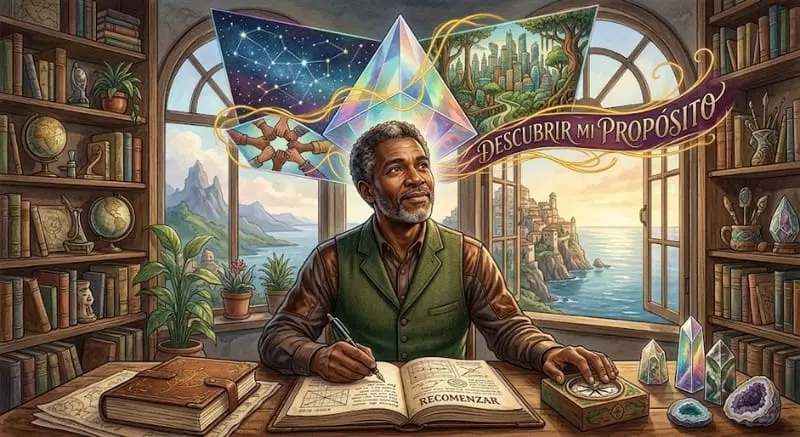 Ilustración de una persona escribiendo en una biblioteca, rotulada «Descubre tu propósito».