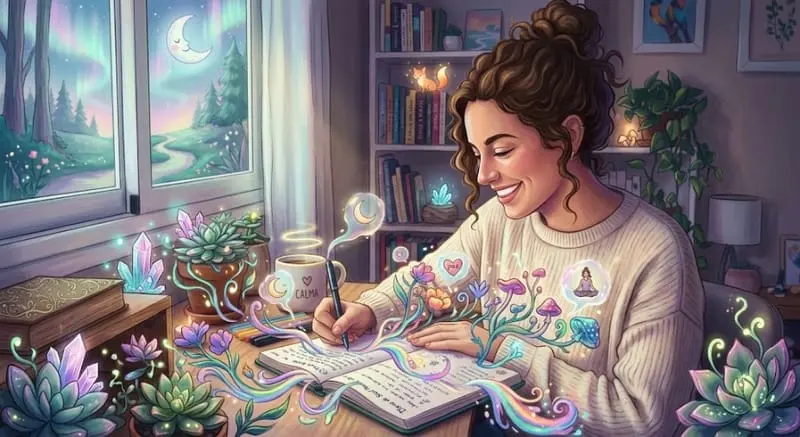 Ilustración de una persona escribiendo en un cuaderno rodeada de plantas y cristales.