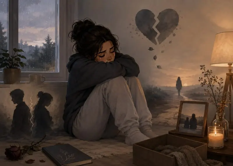 Ilustración de una persona recogida en un sofá junto a un retrato y una vela encendida.