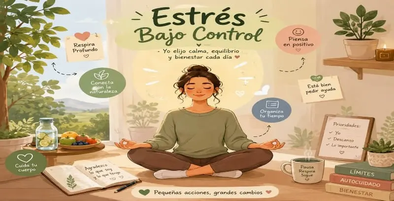 Ilustración de una persona meditando entre plantas, rotulada «Estrés Bajo Control».