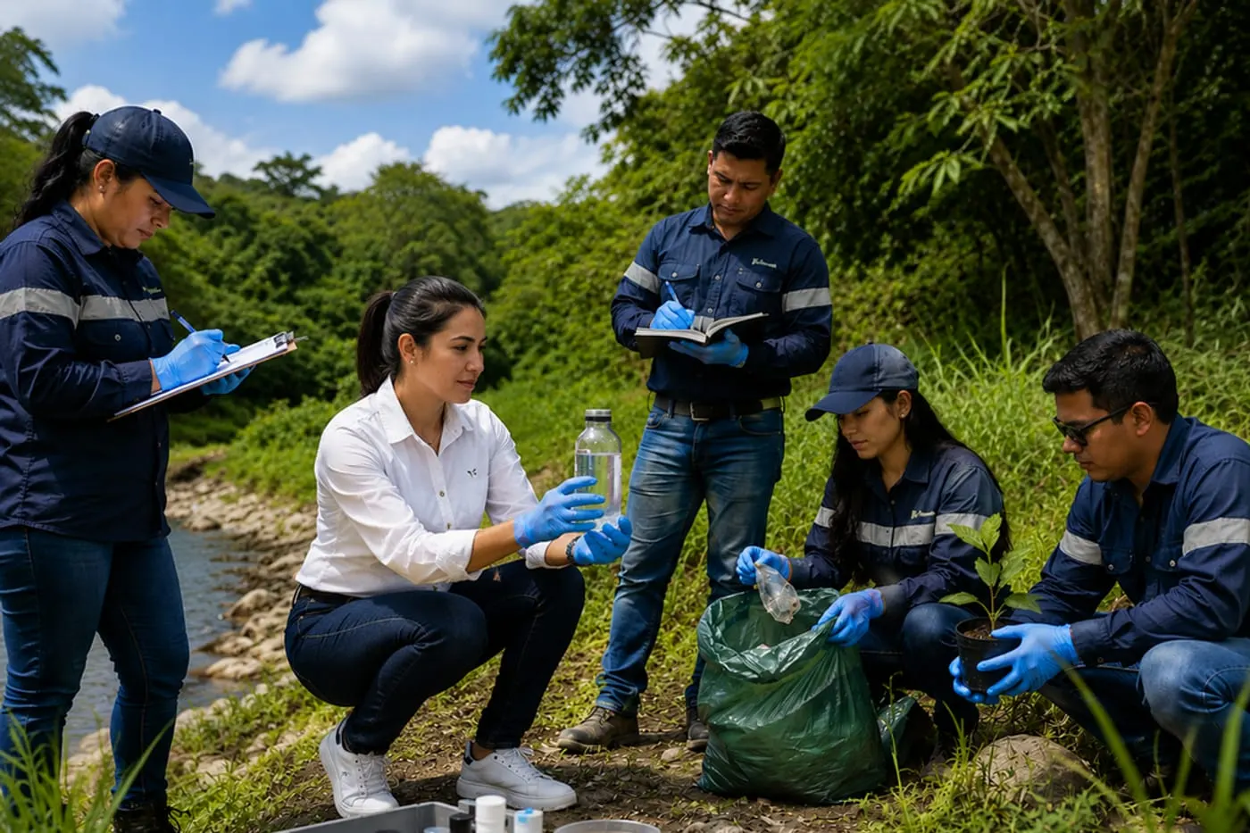 Equipo tomando muestras de agua y recogiendo residuos junto a un cauce.