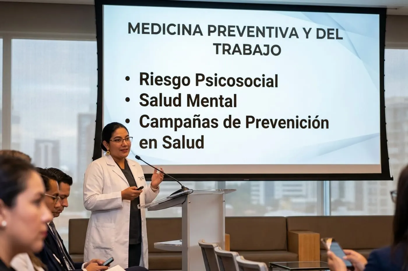 Profesional de la salud exponiendo ante un auditorio empresarial.