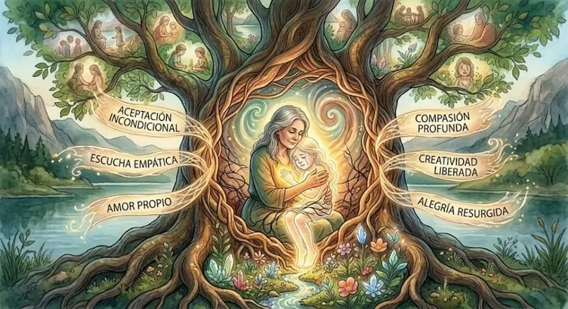 Ilustración de una figura acurrucada en el tronco de un árbol rodeado de raíces luminosas.