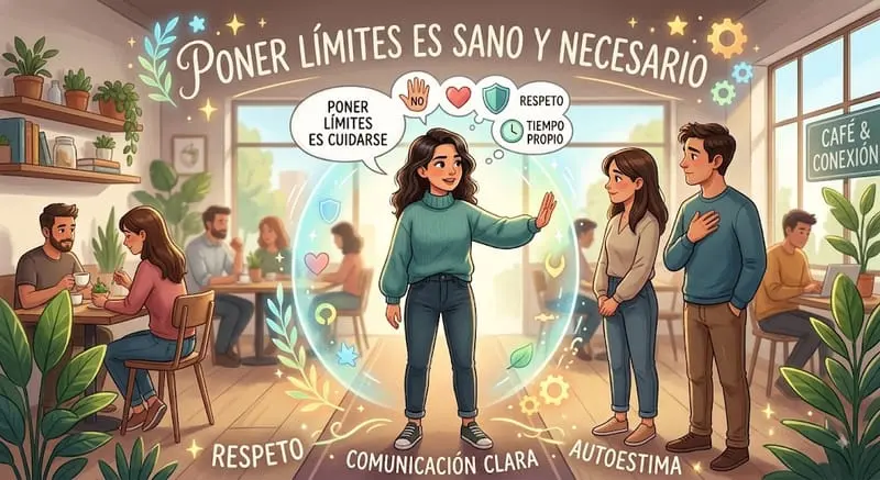 Ilustración de una conversación entre varias personas con el rótulo «Poner límites es sano y necesario».