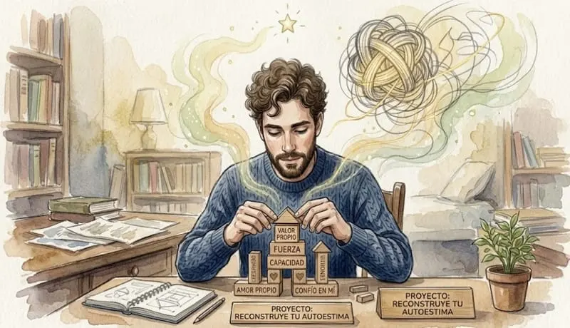 Ilustración de una persona construyendo una torre de bloques sobre una mesa.
