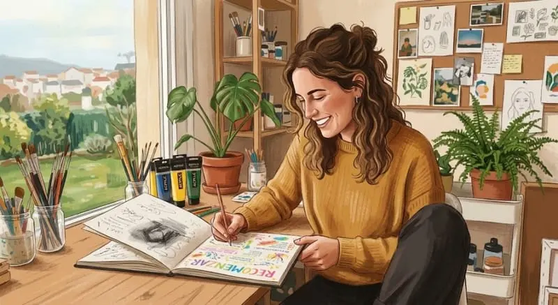 Ilustración de una persona dibujando junto a una ventana luminosa llena de plantas.