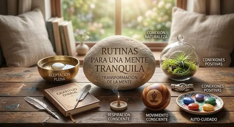 Ilustración de objetos de autocuidado sobre una cama, rotulada «Rutinas para una Mente Tranquila».