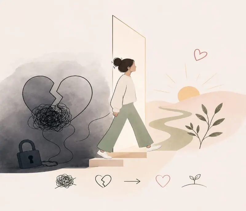 Ilustración minimalista de una persona cruzando un umbral, con un corazón partido que vuelve a unirse.