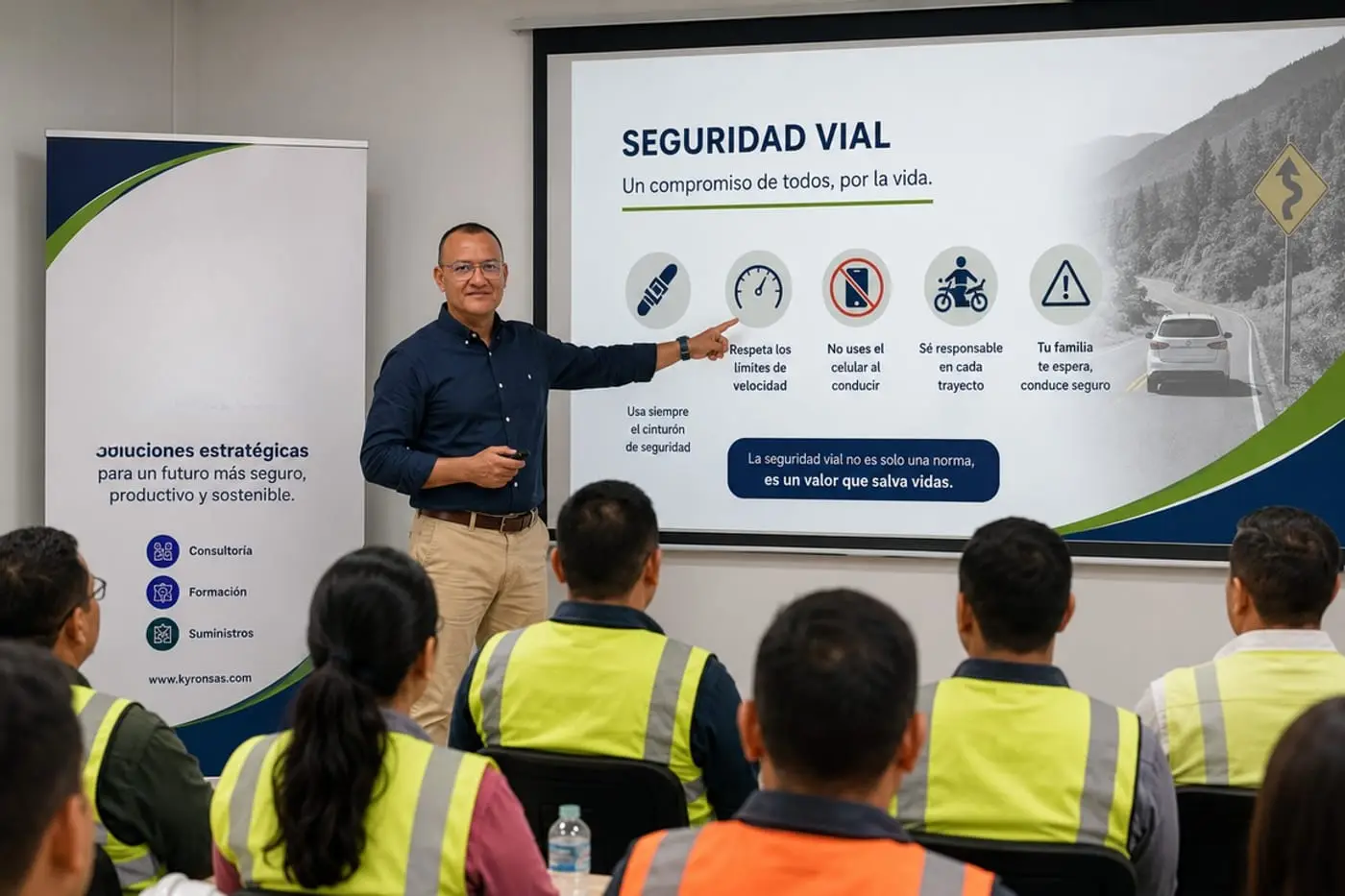Consultor de KYRON dictando una charla de seguridad vial a un grupo de trabajadores.